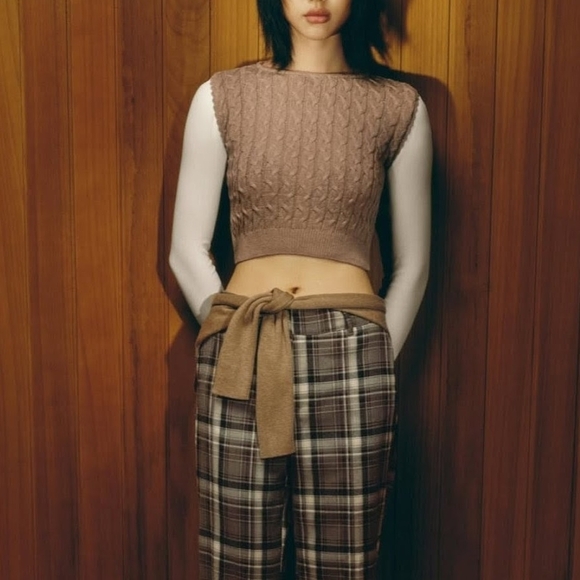 NWT Zara Contrast Cable Knit & Long Sleeve Cropped Two Piece Top In Tan - M - Picture 4 of 9